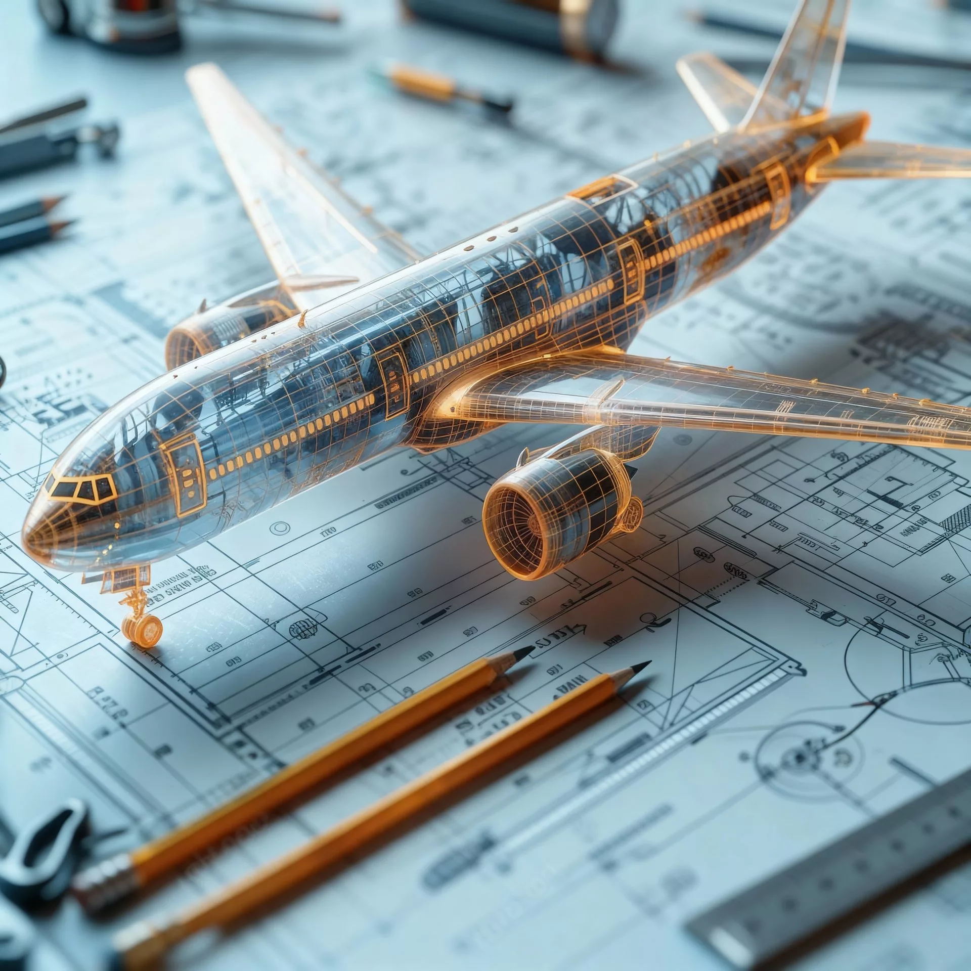 CAD-Rendering eines Verkehrsflugzeugs mit technischen Zeichnungen