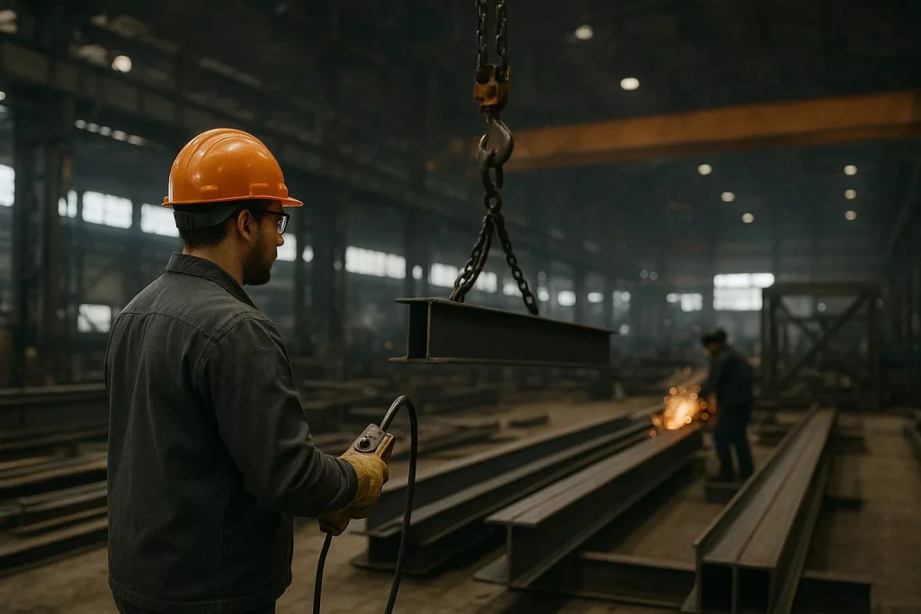 Mann in Schutzkleidung in der Stahlindustrie steuert Arbeitsabläufe mit einer Fernbedienung.