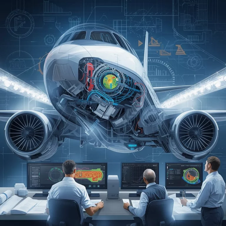 Ingenieure und CAD-Simulationen zeigen die Technik und Konstruktion hinter sicheren Flugreisen