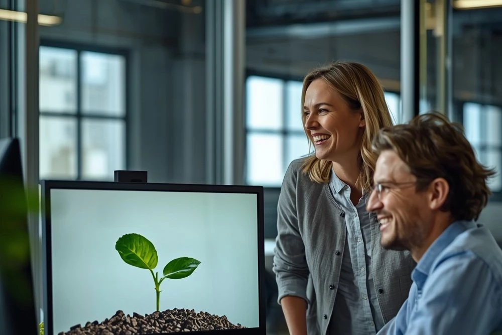 A growing plant can be seen on a PC screen, symbolizing sustainability. 